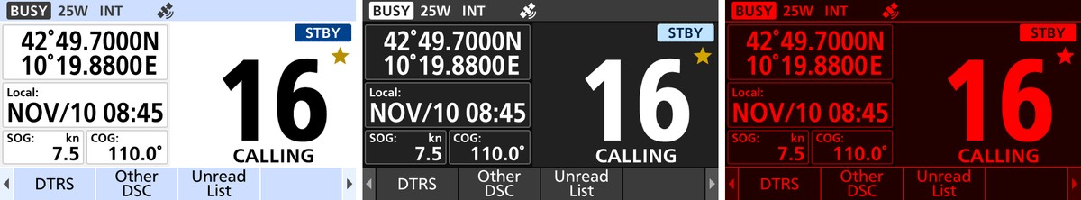 Icom IC-M430E display in Light, Dark and Night modes