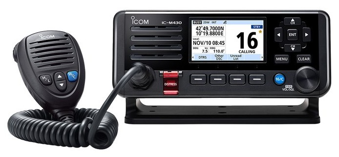 Icom IC-M430E front panel with colour display and HM-205RB microphone