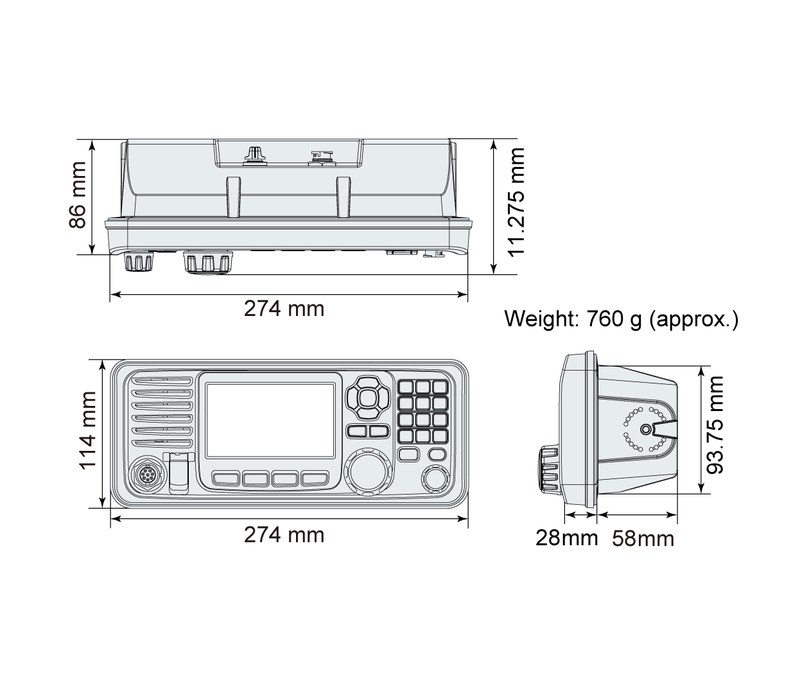 Dimensiones en mm del controlador remoto del Icom IC-M804