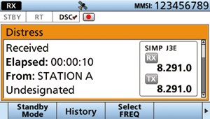 Pantalla de llamada de socorro LSD recibida en el Icom IC-M804